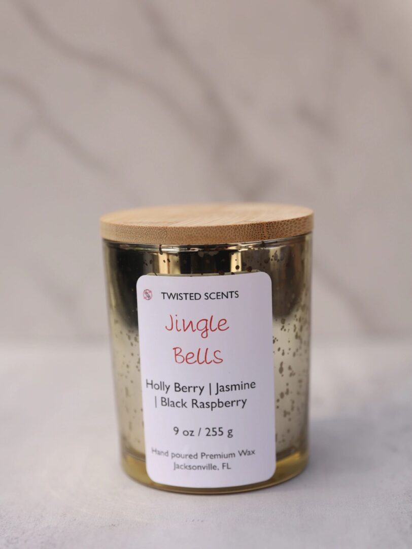 Scented candle with festive label